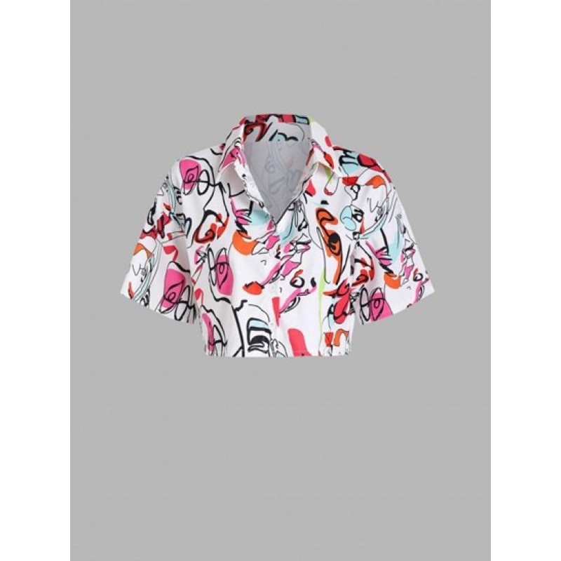 Scrawl Print Drop Shoulder Crop Shirt NG2108