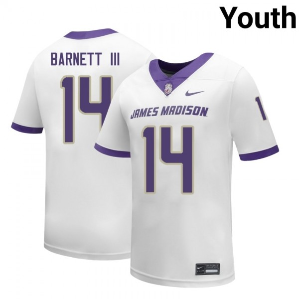 Youth James Madison Dukes #14 Alonza Barnett III White Stitch Jersey