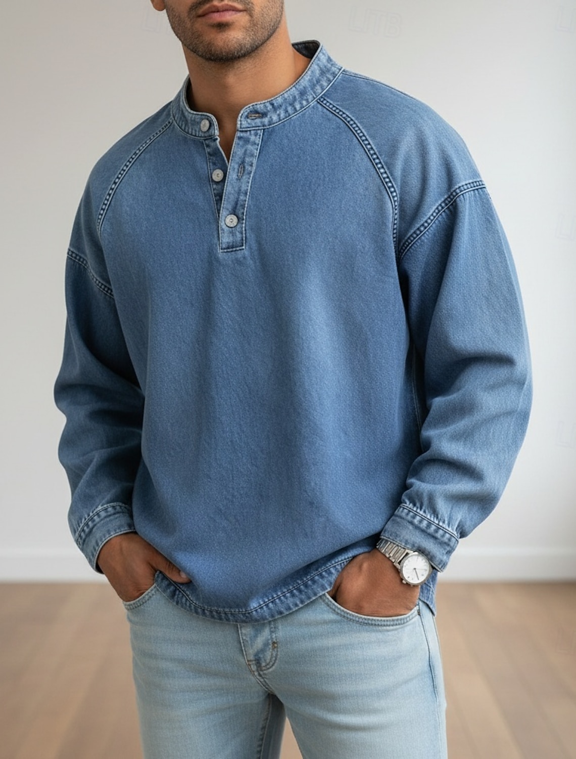 Men's T Shirt Henley Denim 100% Cotton Acid Wash Tee Top Long Sleeve