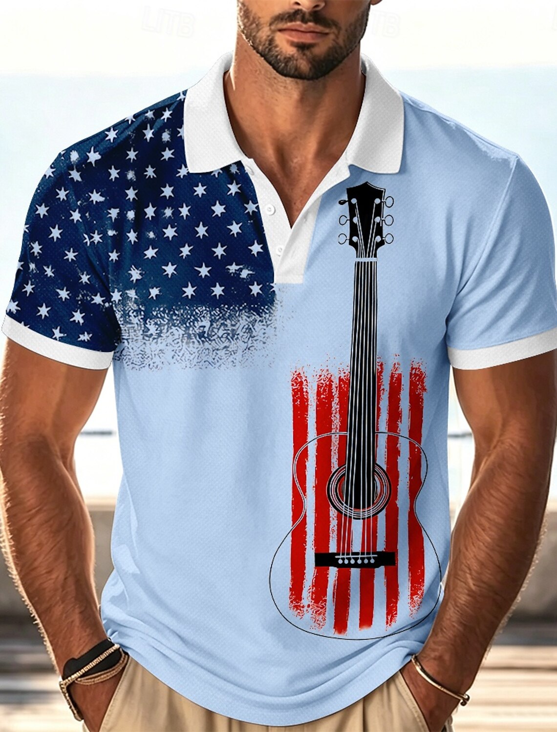 4th of July 2026 250th Men's American US Flag Guitar Polo Shirts Short Sleeve Polo Shirts Collared Shirts Casual Athleisure Festival Wear 3D Print Buttons Breathable Mesh Summer Spring Blue White