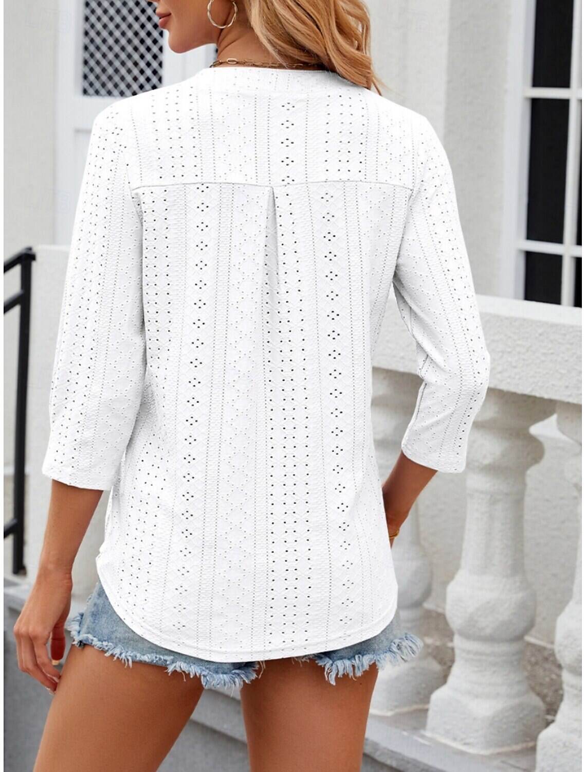 Women's Shirt Blouse Stylish Casual Floral Regular Tops Long Sleeve Notched Neck Eyelet Regular Fit Daily Summer Spring