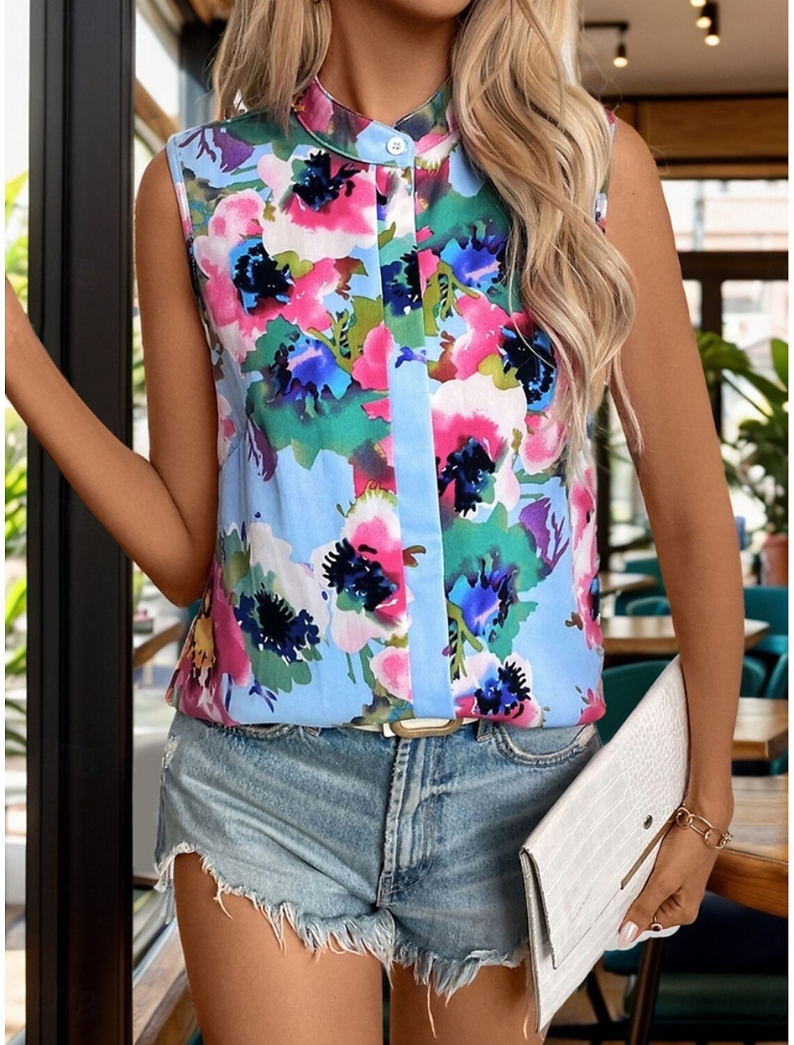 Women's Shirt Blouse Stylish Casual Floral Regular Tops Sleeveless Turtleneck Buttons Print Regular Fit Daily Summer