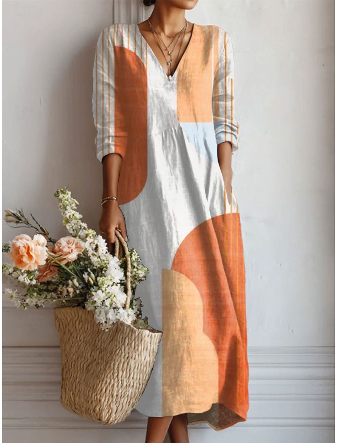 Women's Midi Dress Sundress A Line Dress Vacation Casual Boho Holiday Loose Fit Graphic Color Block Abstract Long Sleeve V Neck Blue Purple Orange Summer Spring