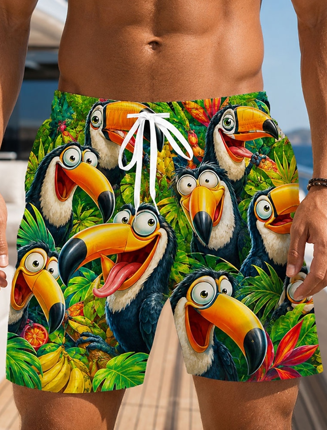 Men's Animal Coconut Tree Banana Swim Trunks Bathing Suits Swim Shorts Board Shorts Mid Waist Hawaiian Daily Beach Vacation Wear Side Pockets Mesh Lining Elastic Drawstring Waist Designer Clothing