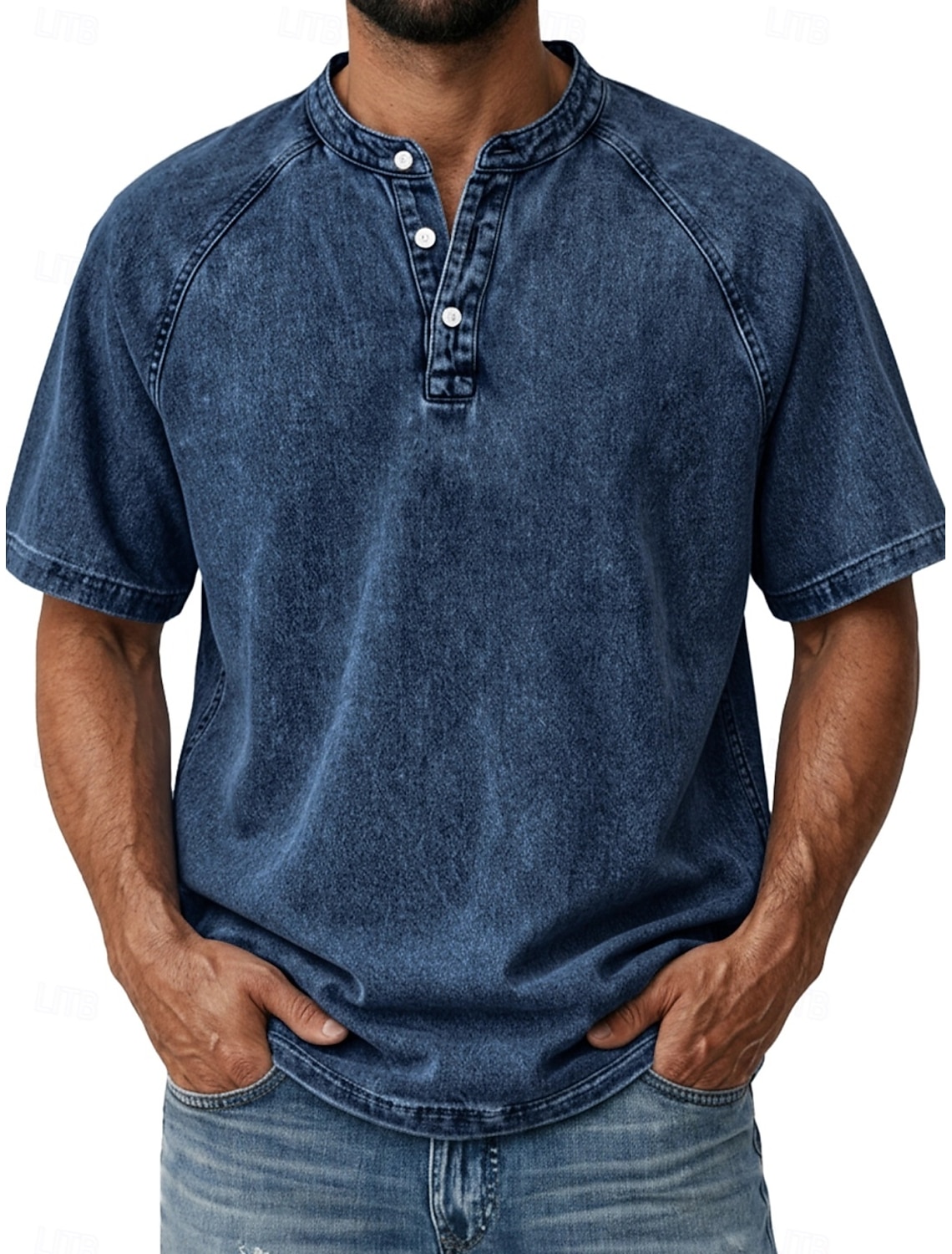 Men's T Shirt Demin 100% Cotton Acid Wash Henley Top Short Sleeve