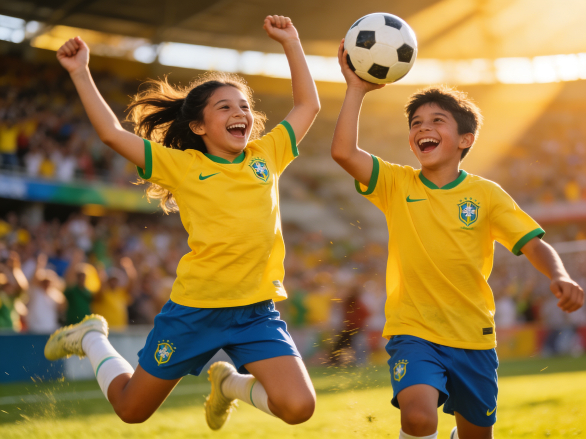 An action-oriented, joyful image of a girl and a boy in Brazil jerseys, mid-laugh or celebrating with a football.