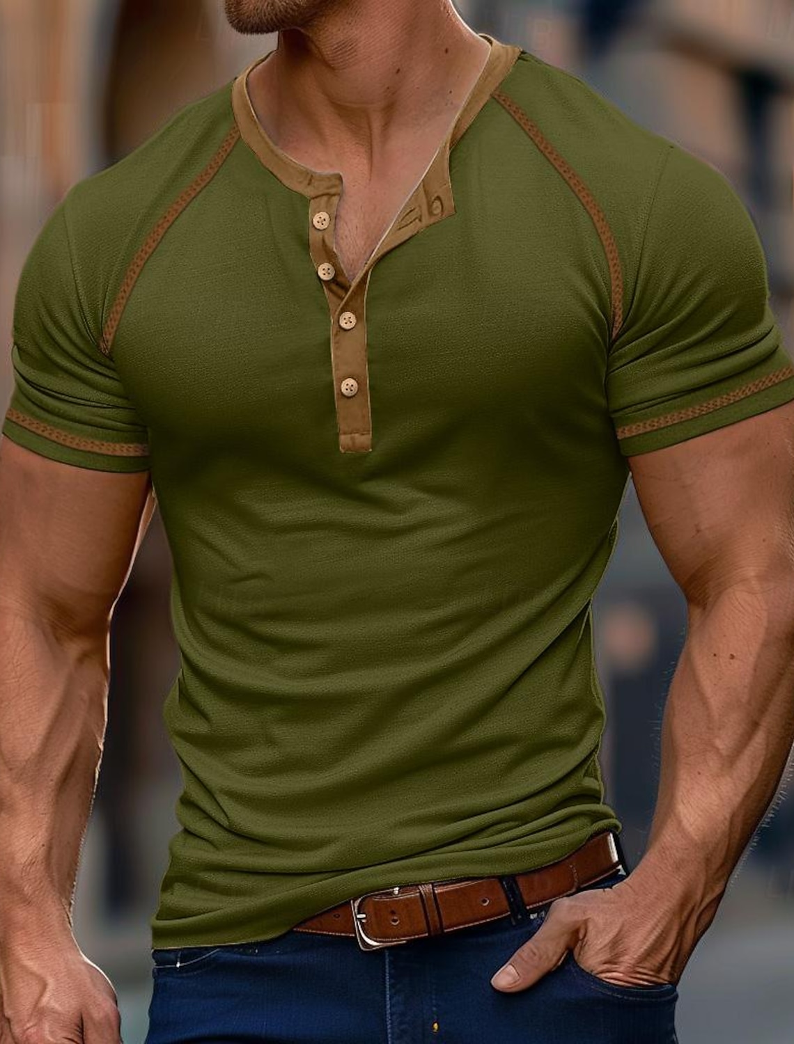 Men's T Shirt Henley Tee Top Short Sleeve Color Block Vintage Fashion