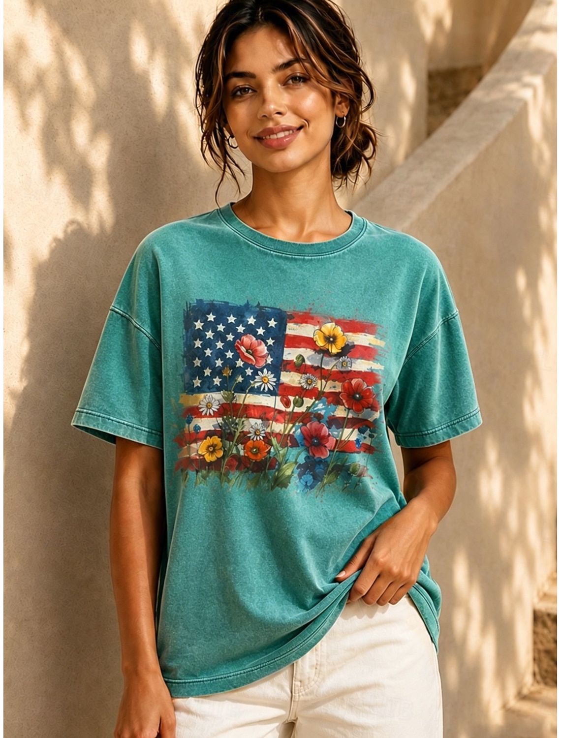 Independence Day Patriotic Women's T Shirt V Neck Long Sleeve Tunic Geometric National Flag Elegant Vintage Stylish Regular Tops Daily Weekend Print Red Navy Blue Blue Spring Prefall
