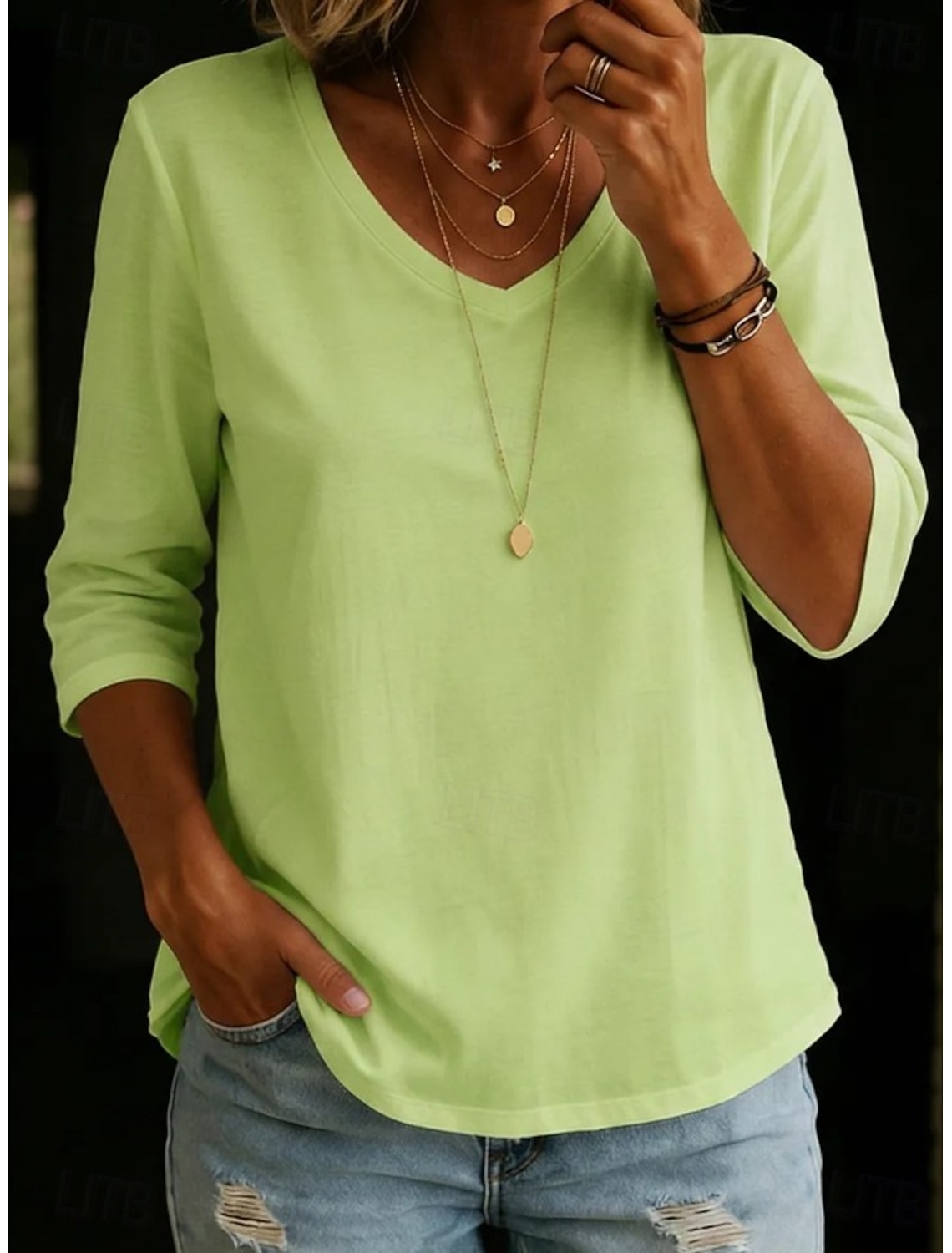 Women's 100% Cotton T-Shirts - Quality Heavy Long Sleeve Crew Neck Tee