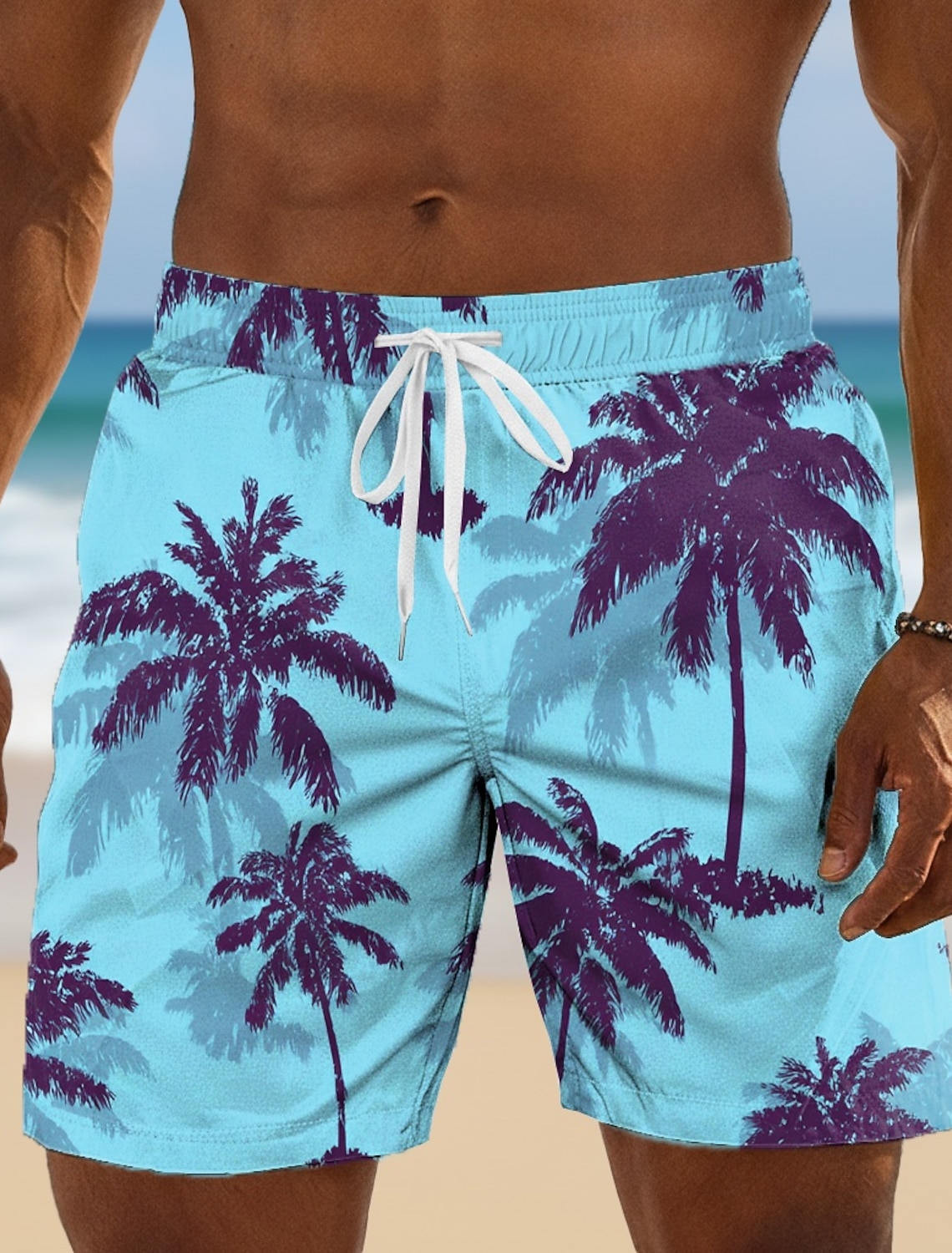 Men's Coconut Tree Gradient Color Tropical Plants Swim Trunks Swim Shorts Board Shorts Mid Waist Hawaiian Beach Vacation Wear Side Pockets Mesh Lining Elastic Drawstring Waist Designer Clothing