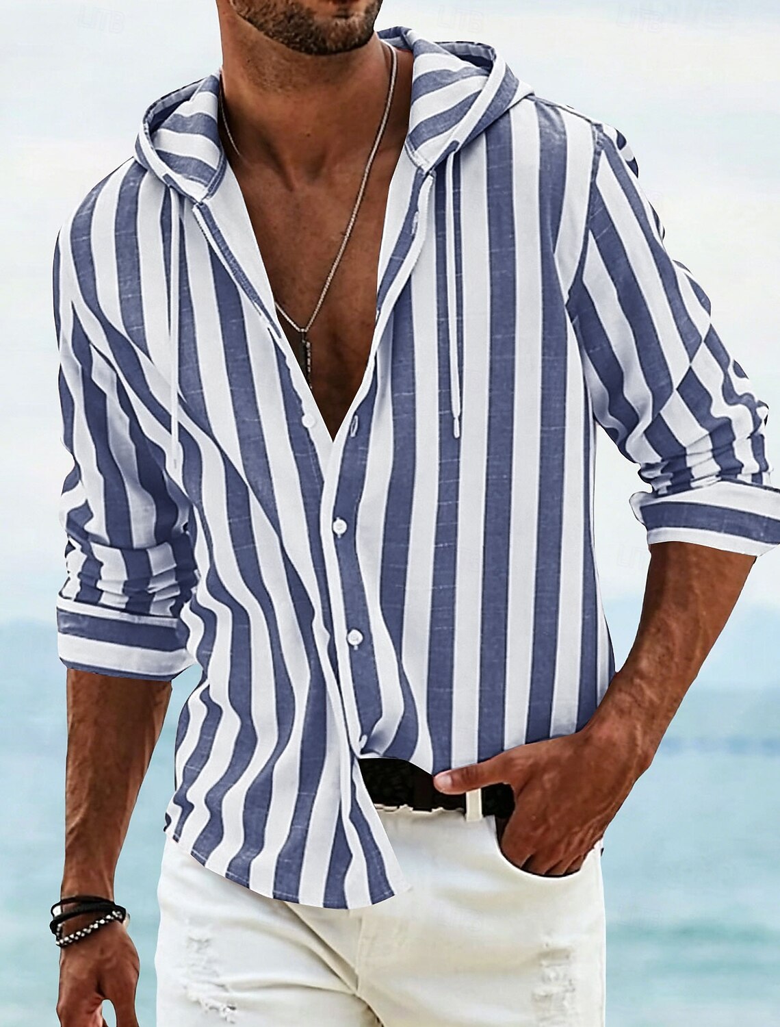 Men's Shirt Linen Shirt Summer Shirt Beach Shirt Hooded Shirt Striped Shirts Vertical Stripes Vacation Hawaiian Blue Yellow Pink Red Long Sleeve Hoodie Summer Spring Clothing Apparel