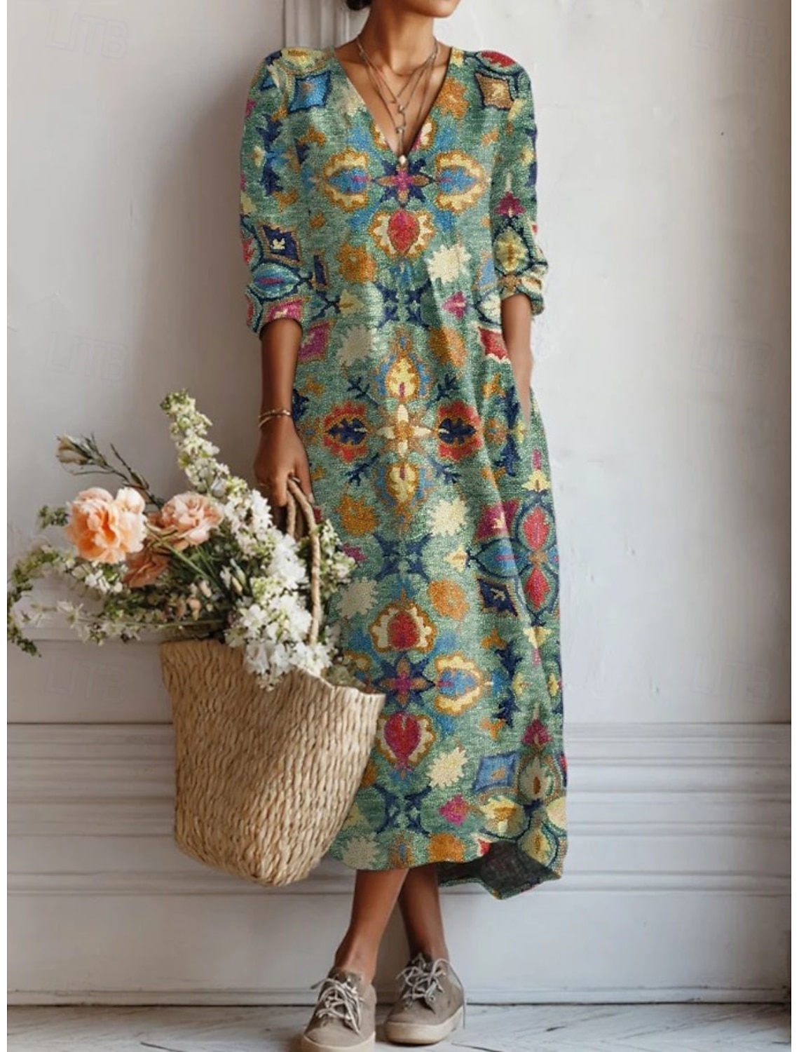 Women's Midi Dress Linen Like Sundress Shift Dress Casual Party Holiday Loose Fit Floral Graphic Long Sleeve V Neck Black Pink Green Summer Spring