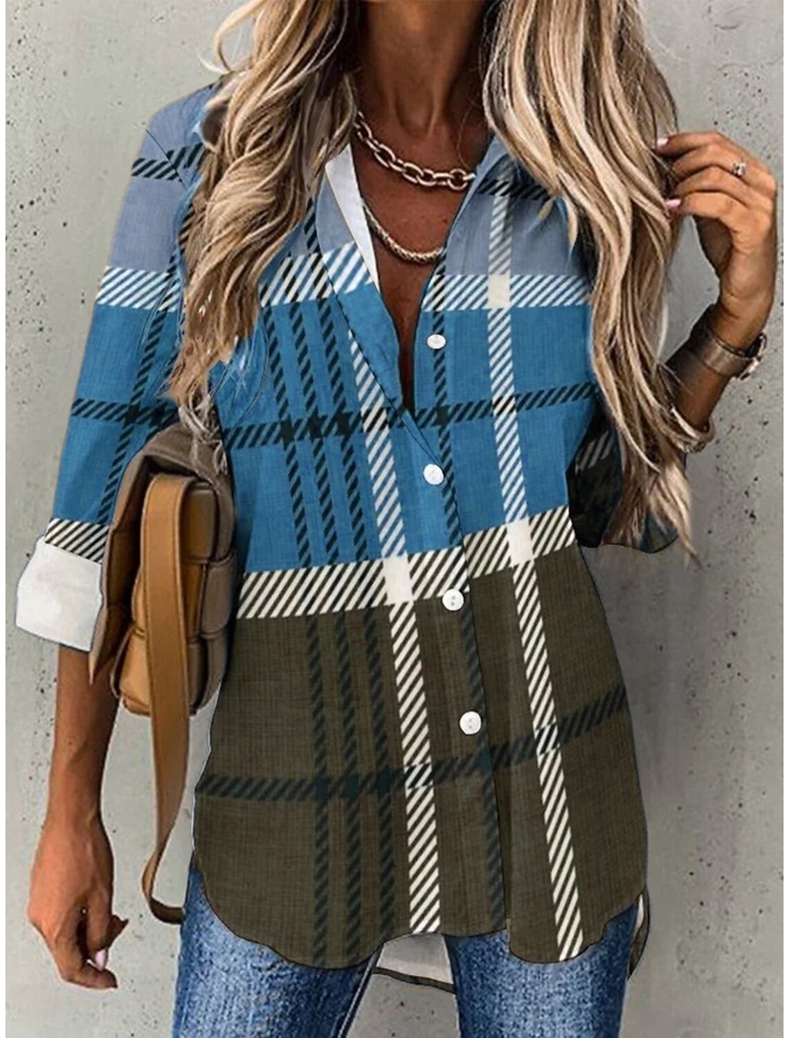 Women's Shirt Blouse Fashion Plaid Buttons Print Long Sleeve Regular Tops Shirt Collar Casual Spring & Fall