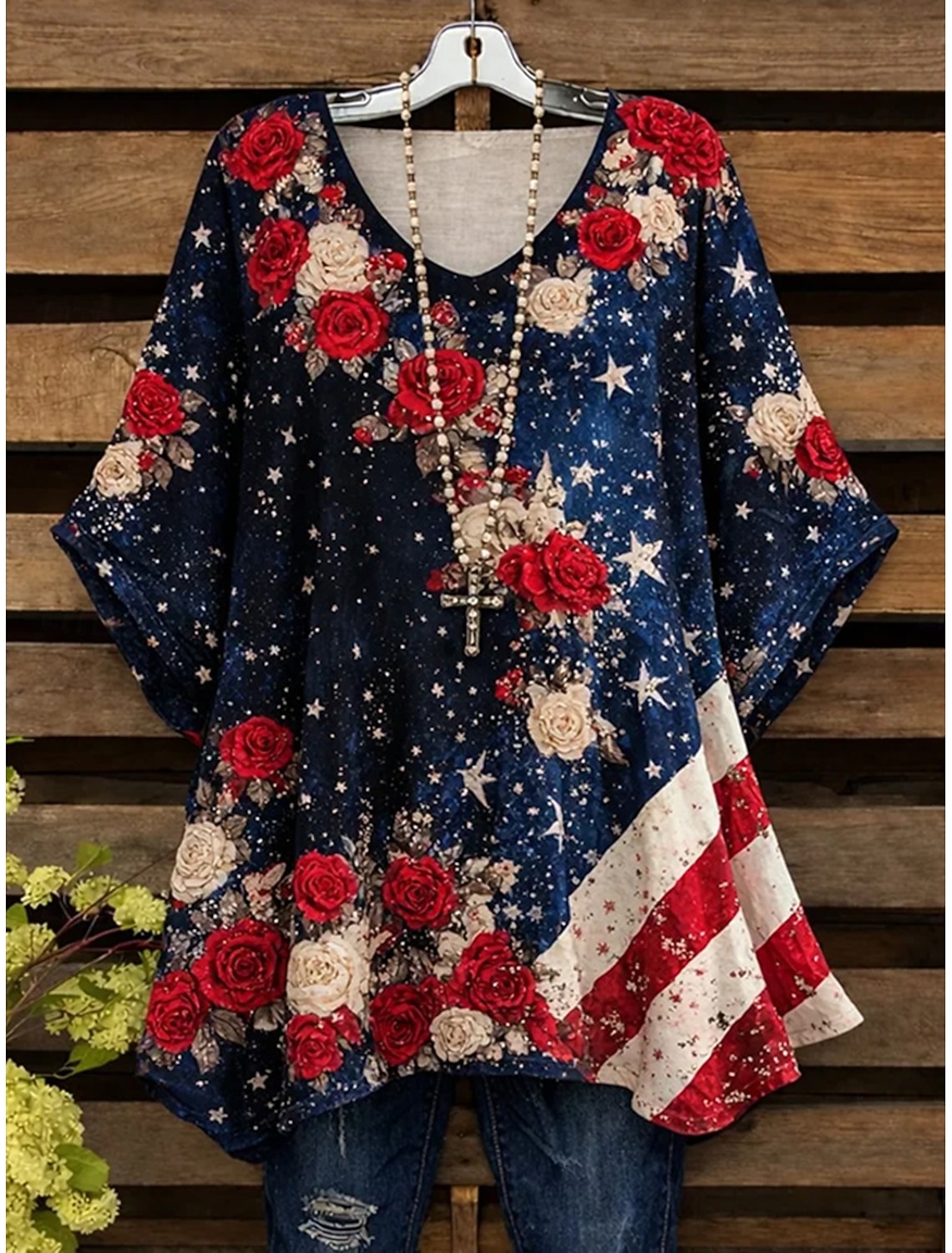 American Independence Day Women's Shirt Buttons Print Flag Stylish Modern Long Sleeve V Neck Regular Tops Daily Holiday Red Summer