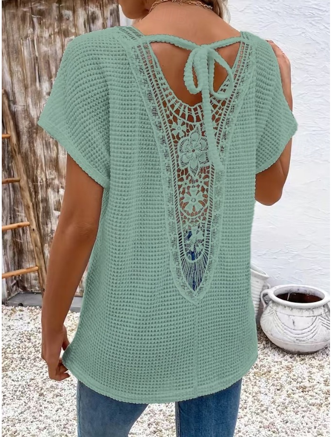 Women's Blouse Lace Solid Color Stylish Casual Short Sleeve V Neck Regular Tops Daily Blue Black White Orange Grey Summer Spring Fall