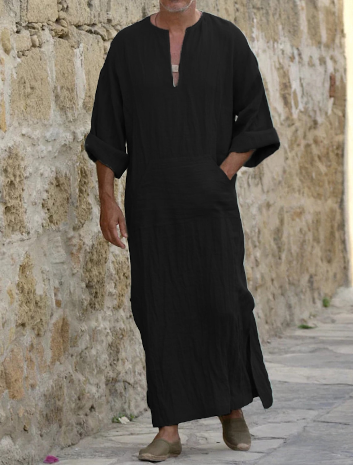 Men's Shirt Thobe Djellaba Summer Tunic Shirts Qamis Black / Gray