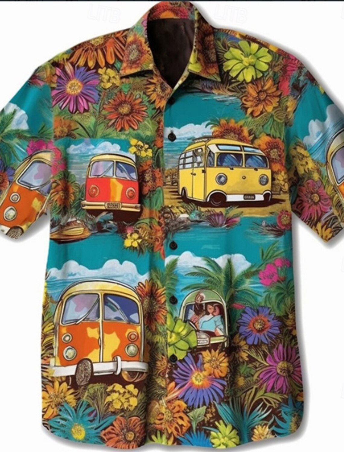 Men's Floral Hippie Bus Shirt Summer Hawaiian Aloha Short Sleeves