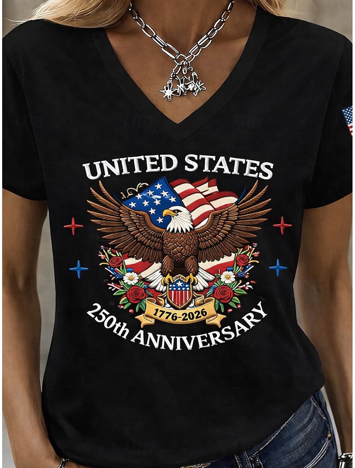 Independence Day American Anniversary Patriotic Women's T Shirt Print Graphic Flag Vintage Stylish Classic Short Sleeve V Neck Regular Tops Daily Red Summer Spring