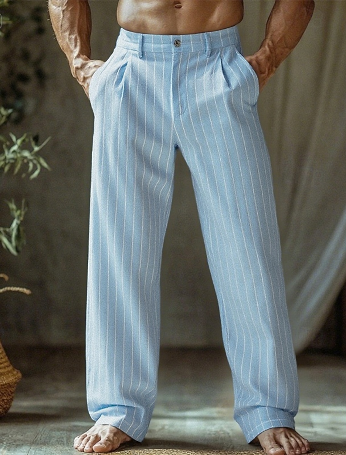 Men's Linen Pants Trousers Summer Pants Beach Pants Buttons Pocket Straight Leg Plain Comfort Breathable Vacation Daily Holiday Hawaiian Boho Black White
