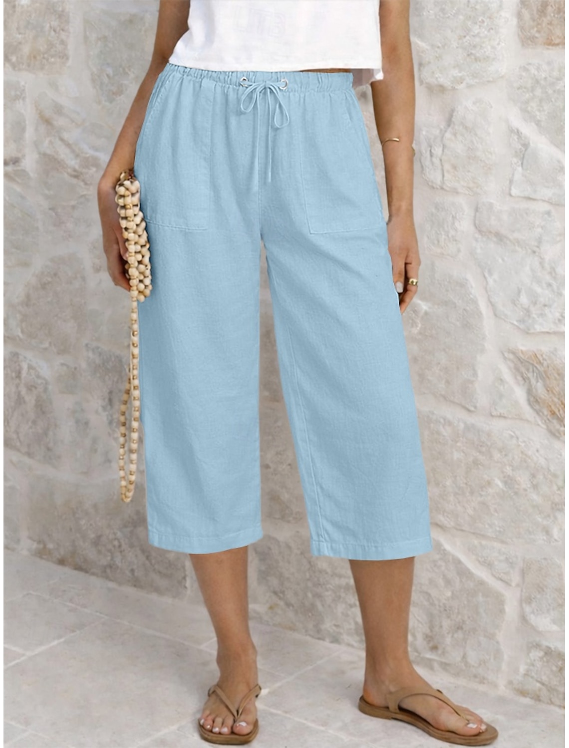 Women's Capri Pants Summer Shorts Cropped Pants Linen Capri Pants Fashion Basic Calf-Length Medium Waist Plain Drawstring Pocket Elastic Waist Lightweight Breathable Inelastic Vacation Street Daily