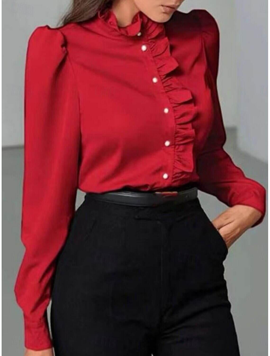 Women's Shirt Blouse Business Modern Casual Solid Color Regular Tops Long Sleeve Turtleneck Ruffle Buttons Regular Fit Work Formal Wear Summer Spring