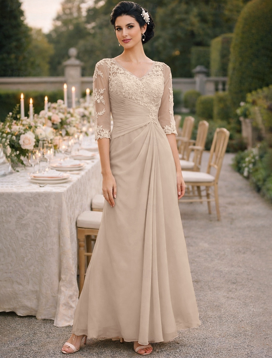 A-Line Floor Length Wedding Guest Dress Formal Dresses Evening Gown Mother of the Bride Dress Half Sleeve V Neck Elegant Plus Size See Through Wedding Guest Chiffon with Appliques Side Draping