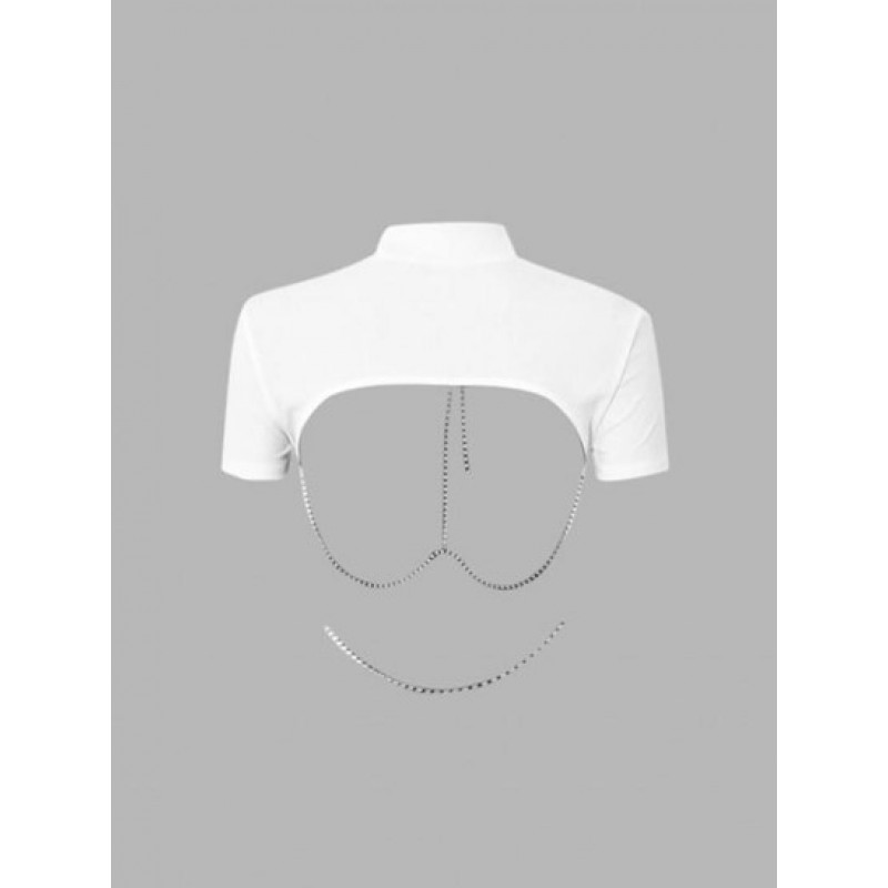 Rhinestones Chains Open Back Ribbed Tee SD1108