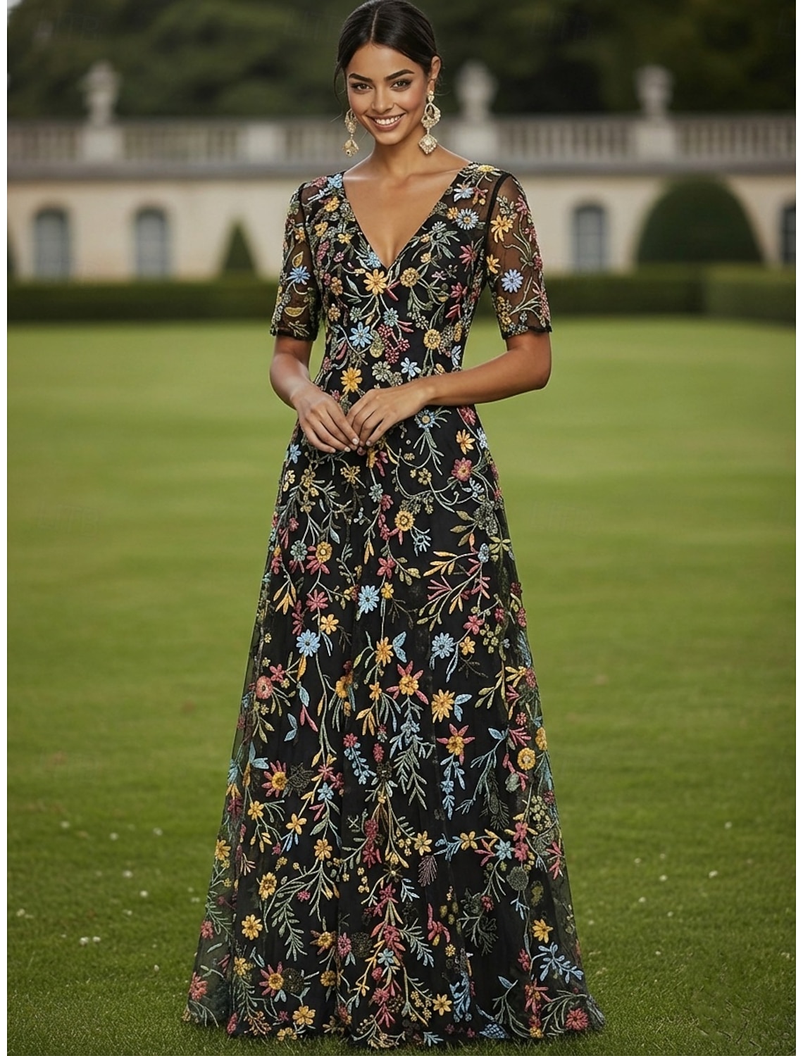 A-Line Dress Tea Length Cocktail Dress Wedding Guest Dress Mother of the Bride Dress Half Sleeve Crew Neck Boat Neck Elegant Casual Formal Kentucky Derby Semi Formal Tulle with Embroidery Appliques