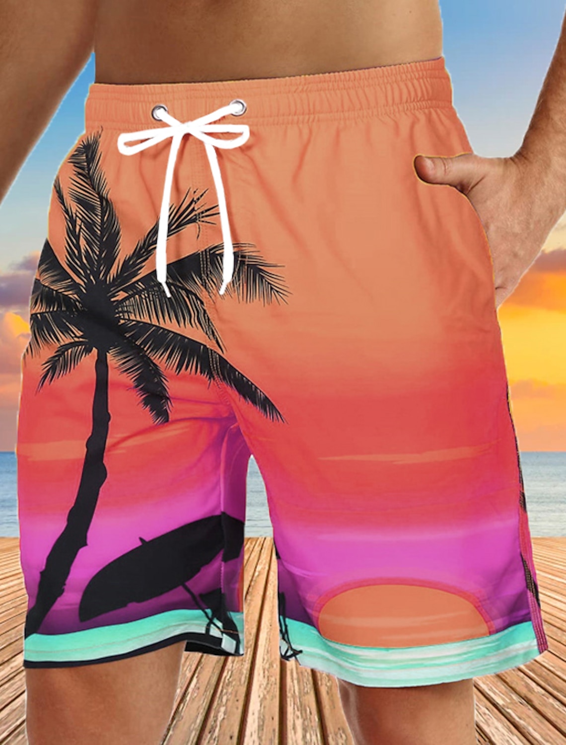 Men's Graphic Coconut Tree Swim Trunks Swim Shorts Board Shorts Mid Waist Streetwear Hawaiian Boho Casual Daily Holiday Drawstring Elastic Waist 3D Print Designer Clothing Apparel