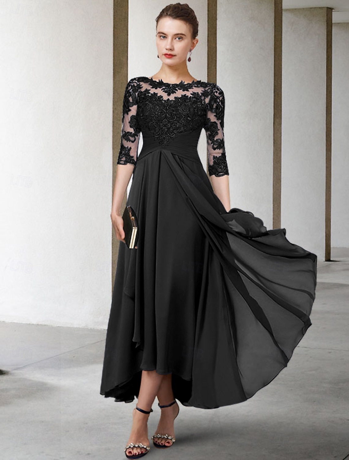 A-Line Asymmetrical Tea Length Party Dress Cocktail Dress Wedding Guest Dress Mother of the Bride Dress Half Sleeve Jewel Neck Elegant Plus Size High Low Wedding Guest Wedding Party Chiffon Lace with