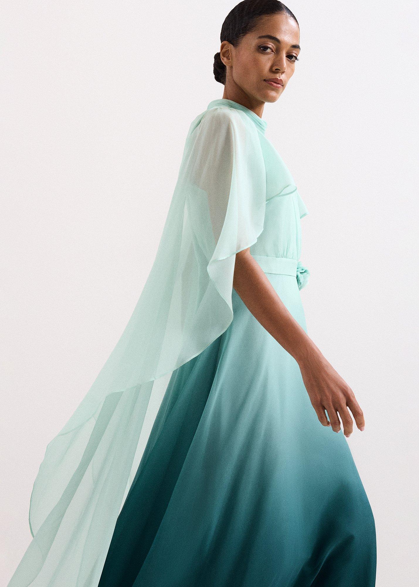 Petite Aspen Teal Ombre Cape Maxi Dress