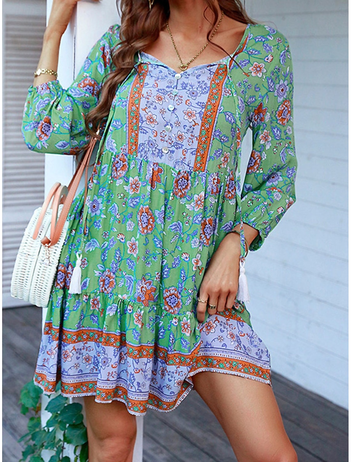 Women's Mini Dress Petite Dress Casual Dress Boho Chic Dresses Boho Dress Bohemia Cute Stylish Vacation Daily Beach Loose Fit Graphic Long Sleeve V Neck Red Green Spring Fall