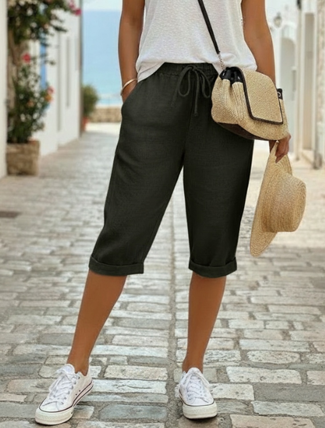 Women's Linen Shorts Capri Pants Chinos Summer Shorts Vacation Streetwear Casual Knee Length Medium Waist Plain Drawstring Pocket Comfortable Breathable Inelastic Daily Outdoor Street