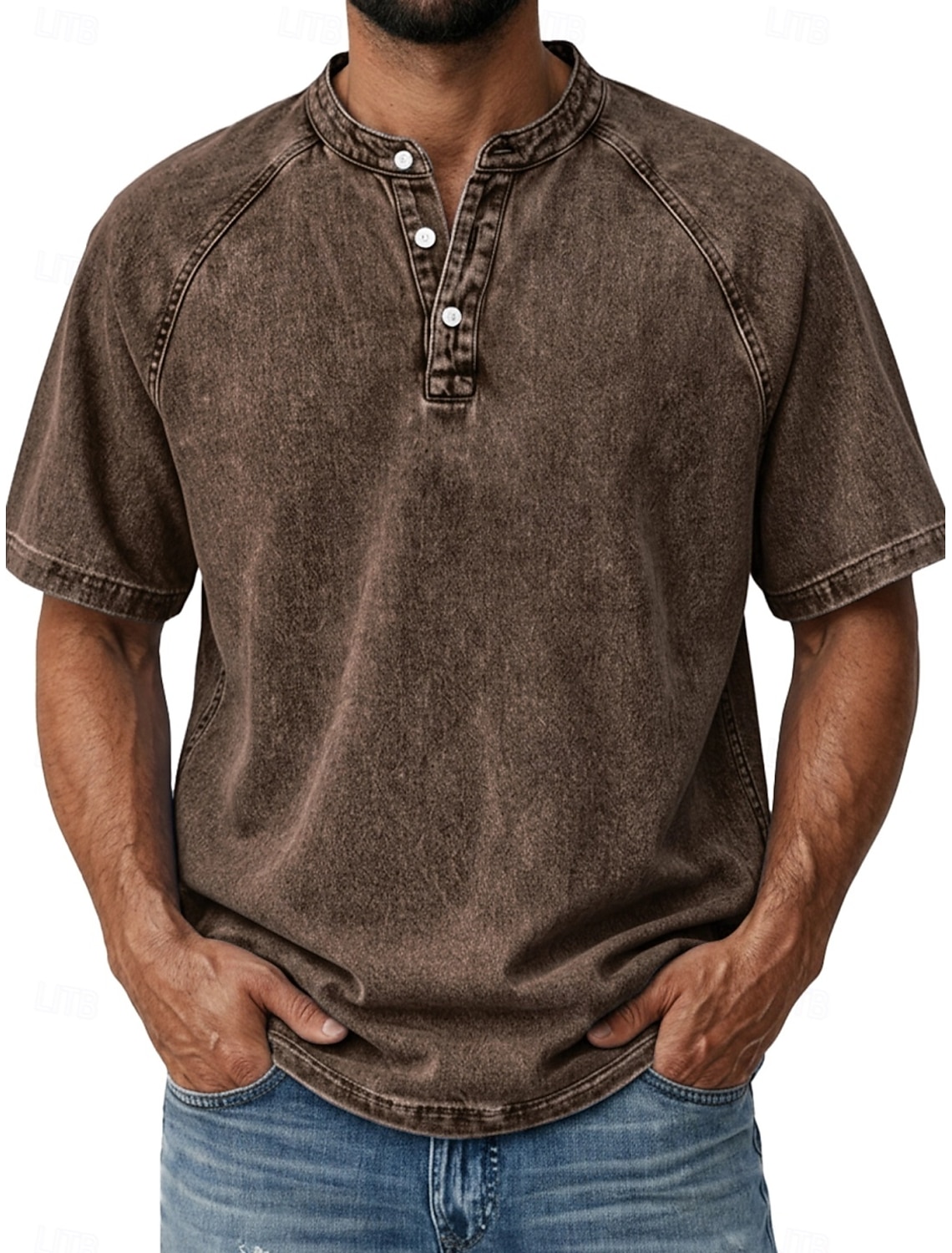 Men's T Shirt Demin 100% Cotton Acid Wash Henley Top Short Sleeve