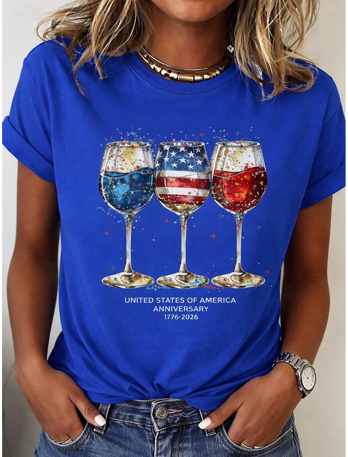 American Independence Day Women's T Shirt Print Graphic Flag Wine Glass Stylish Classic Casual Short Sleeve Crew Neck Regular Tops Daily Blue White Yellow Red Black Summer Spring