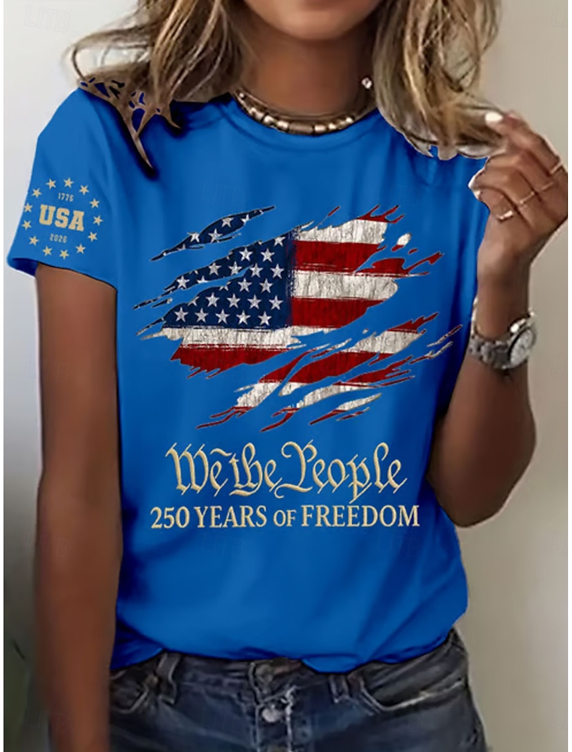 Independence Day American Anniversary Patriotic Women's T Shirt Graphic Flag Letter Vintage Fashion Stylish Short Sleeve Crew Neck Daily Weekend Print Blue Black White Red Summer Spring