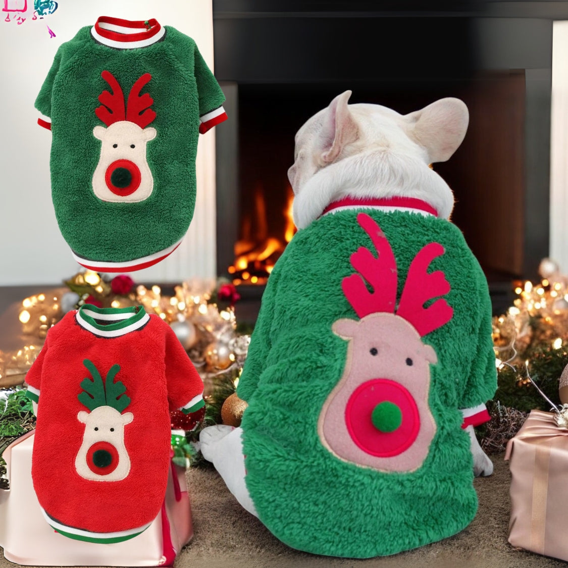 Durable Frenchie Coral Fleece Christmas Sweater - Festive Reindeer Ho...