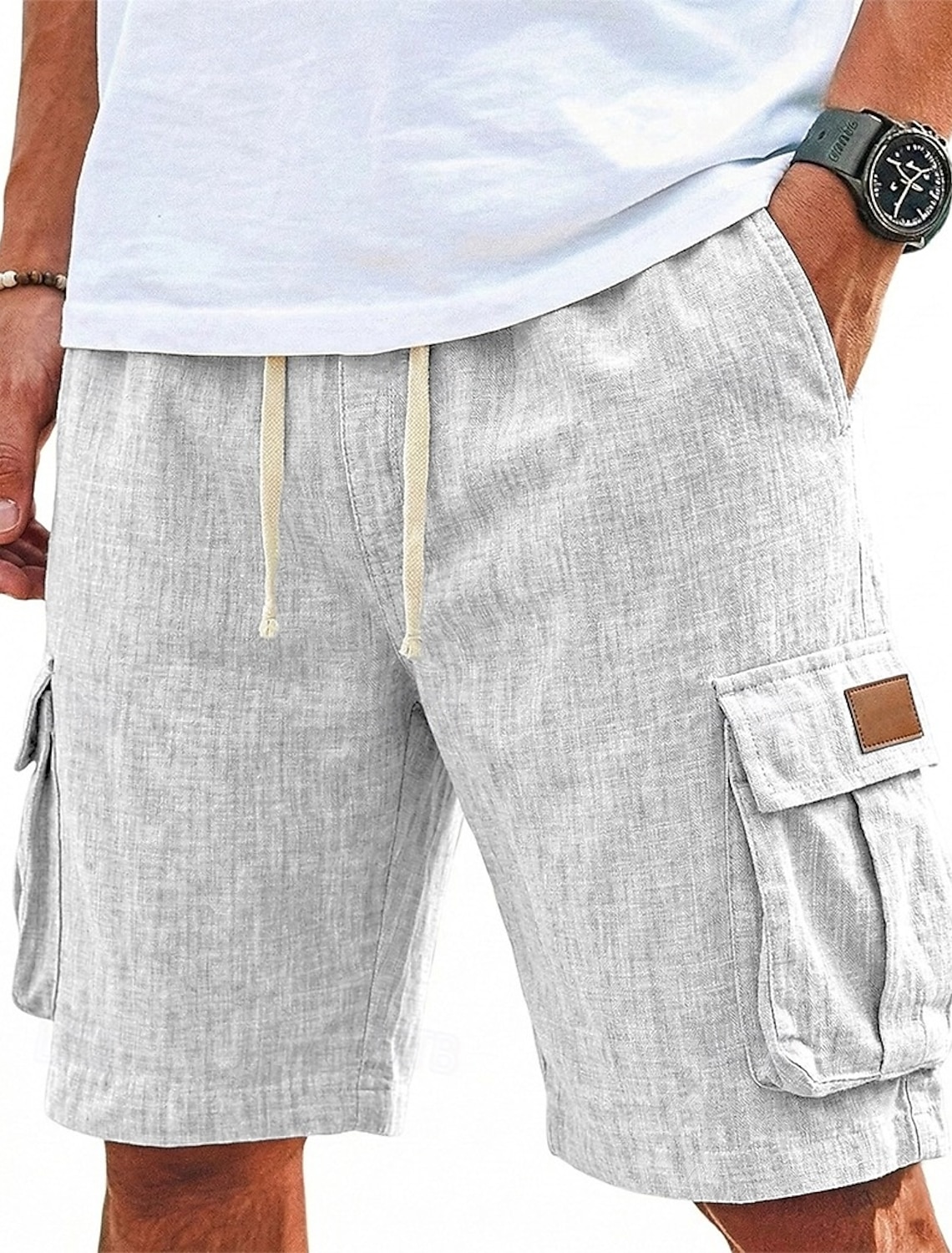 Men's Shorts Linen Shorts Summer Shorts Beach Shorts Drawstring Elastic Waist Multi Pocket Plain Comfort Breathable Knee Length Daily Outdoor Holiday Vacation Fashion Black Green Inelastic