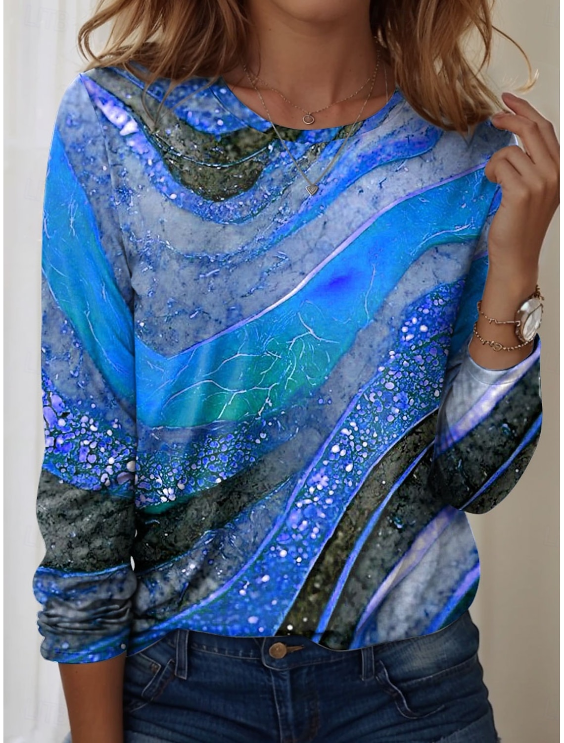 Women's T Shirt Buttons Print Ombre Graphic Vintage Fashion Stylish Long Sleeve V Neck Asymmetric Neck Regular Tops Daily Weekend Vacation Wear Blue Yellow Purple Green Gray Summer Spring