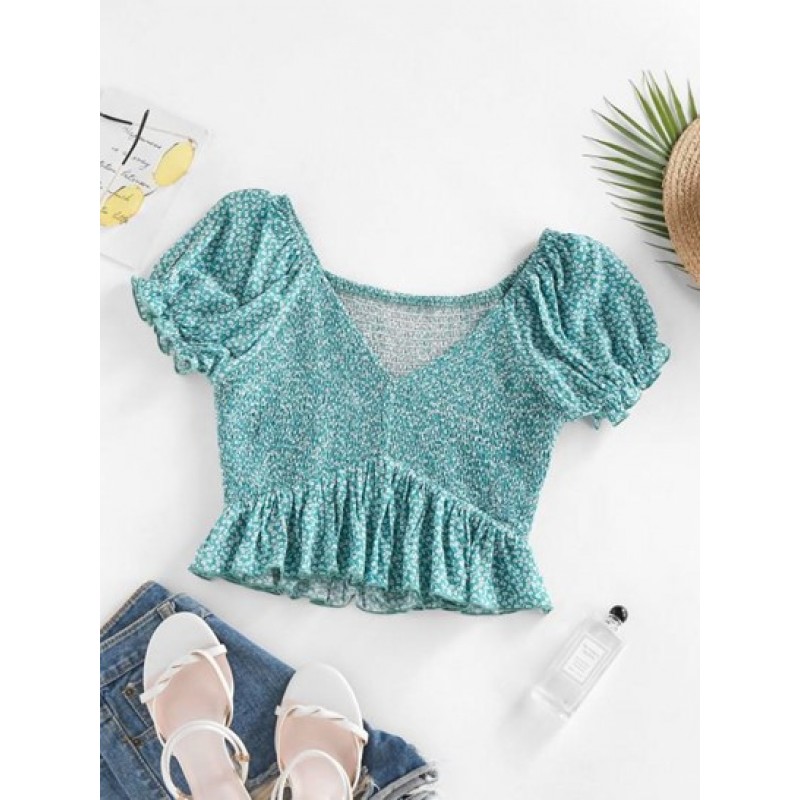 Ditsy Print Smocked Puff Sleeve Peplum Blouse XW4836