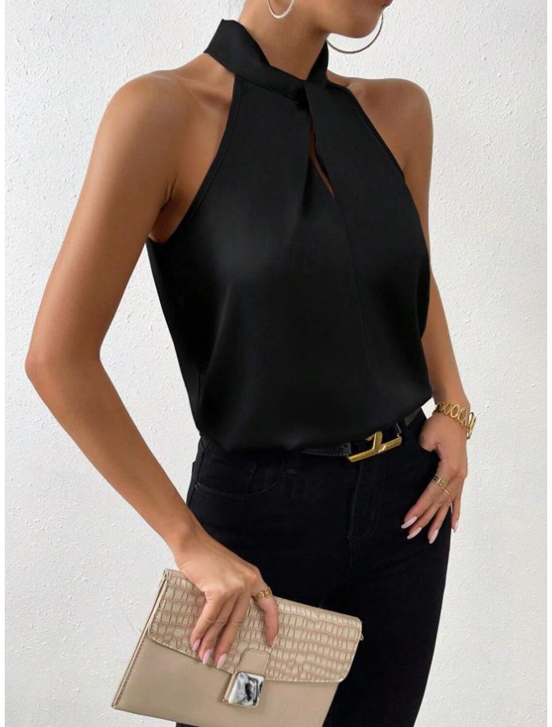 Tank Women's Plain Cold Shoulder Street Daily Fashion Halter Neck Regular Fit S