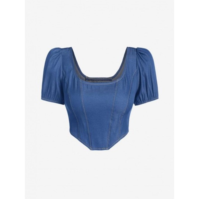 Topstitching Corset-style Chambray Puff Sleeve Top KZ9790