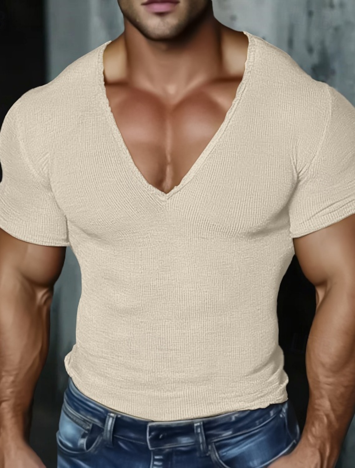 Men's Knit Tee Top Cotton Blend T-Shirt Short Sleeve V Neck Summer