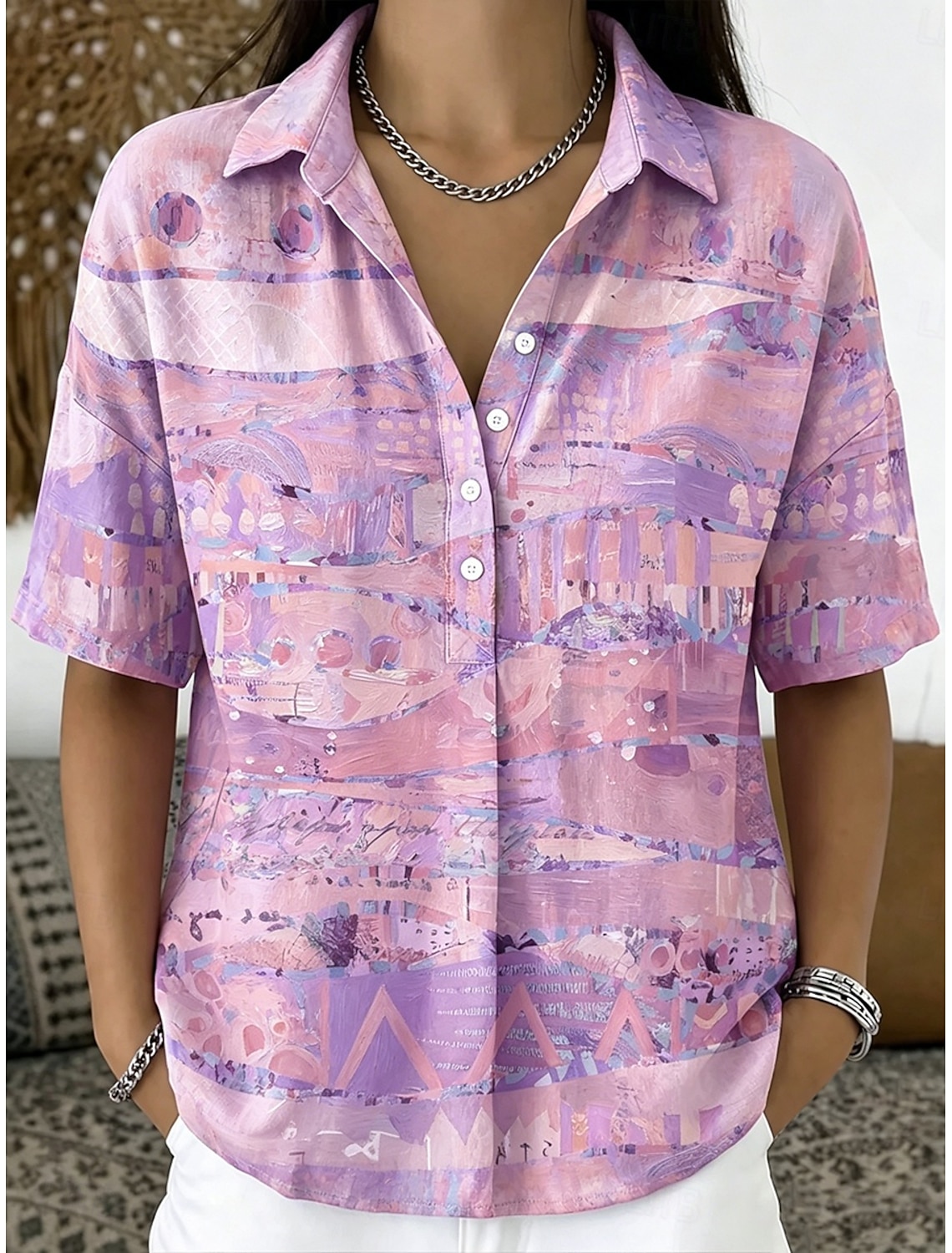 Women's Shirt Buttons Print Graphic Geometric Abstract Vintage Daily Stylish Short Sleeve Turndown Long Tops Casual Daily Holiday Purple Orange Green Summer Spring