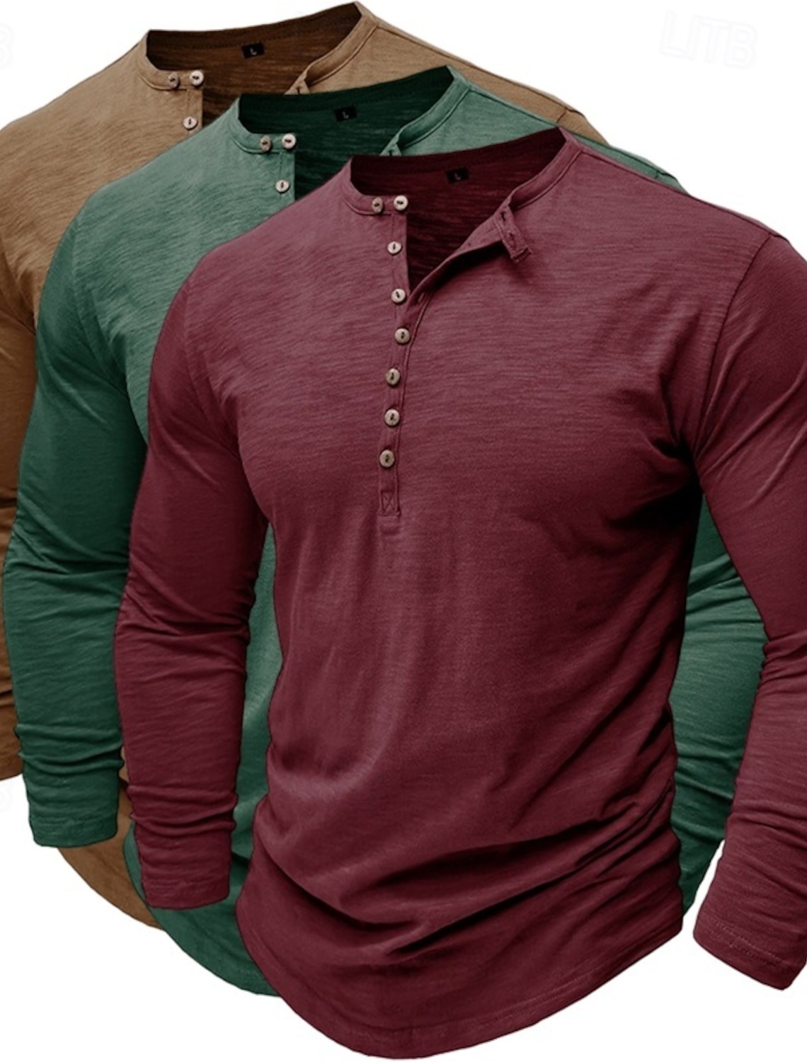 3pcs Men's Henley Shirt Tee Top Long Sleeve Solid Color Fashion Daily