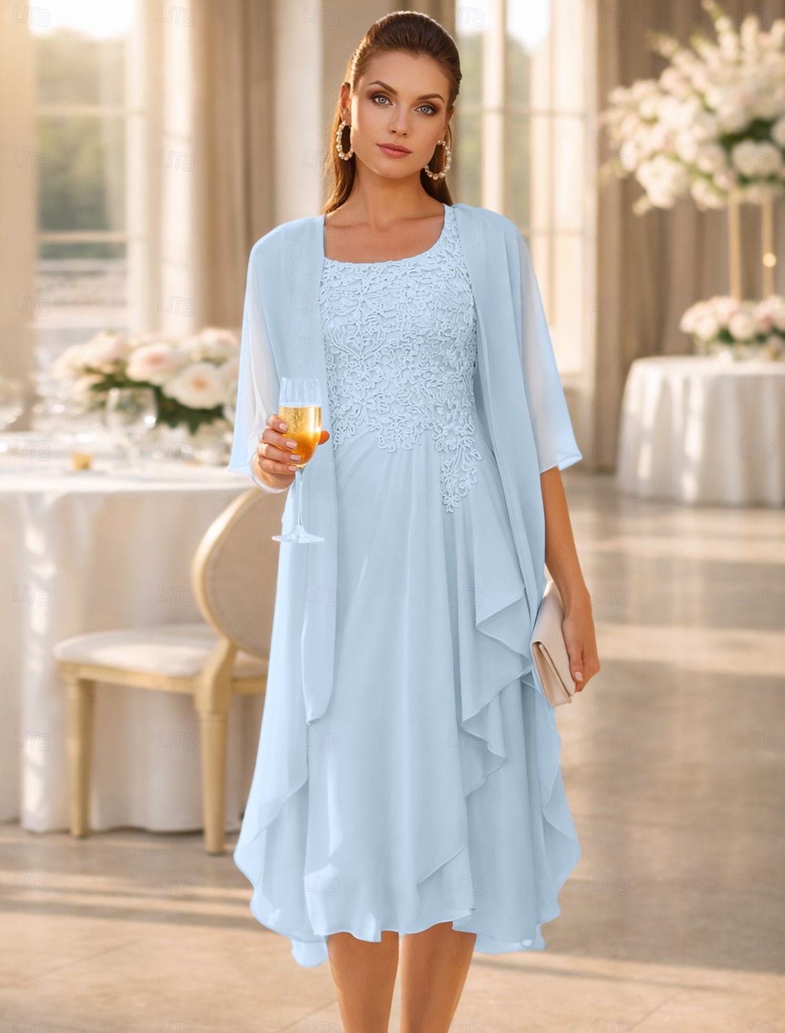 Two Piece A-Line Knee Length Wedding Guest Dress Mother of the Bride Dress Sleeveless Scoop Neck Elegant Wedding Guest Wedding Party Chiffon Lace Jacket Dresses with Pleats Appliques