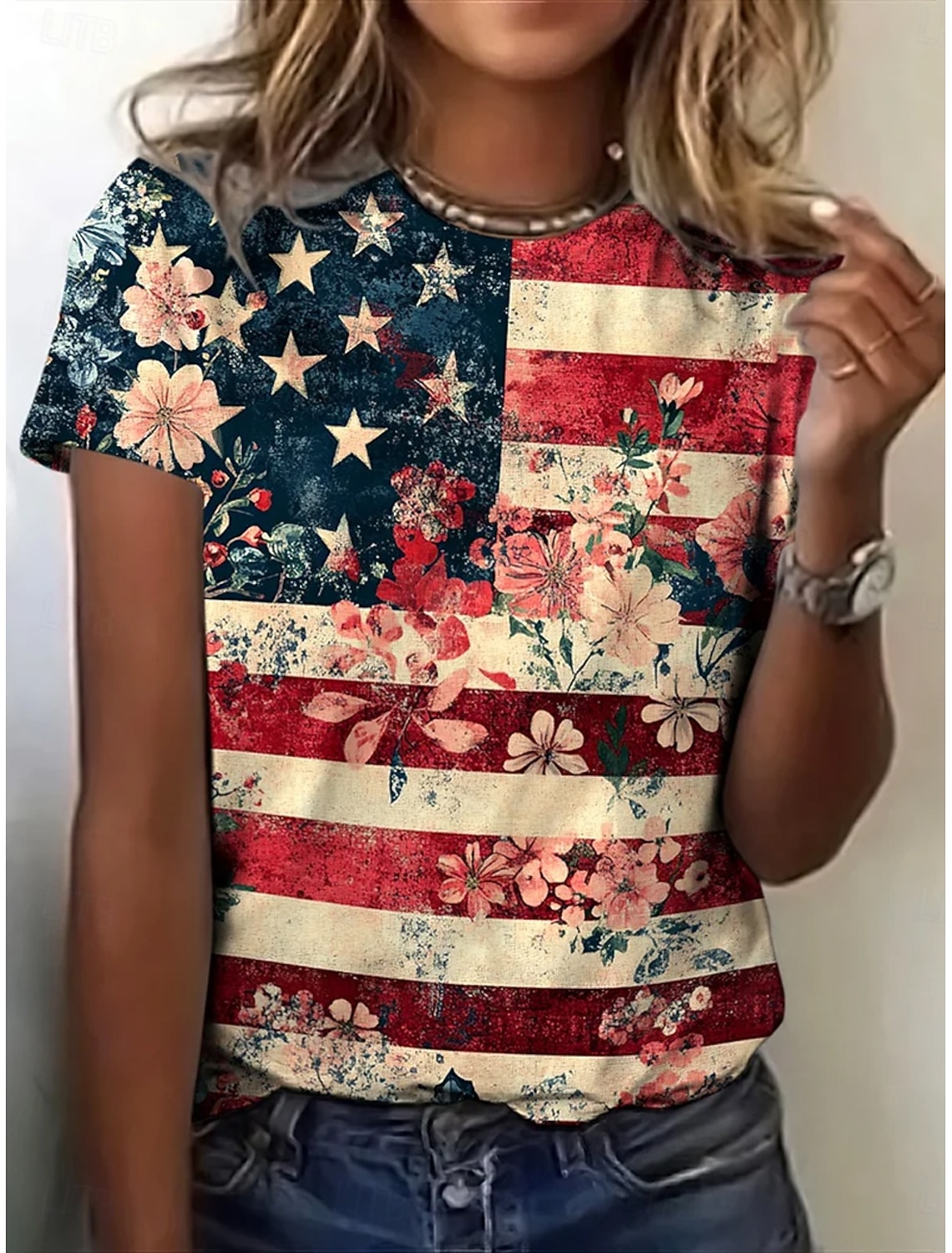 American Independence Day Women's T Shirt Print Graphic Plants Vintage Stylish Classic Short Sleeve Crew Neck Regular Tops Casual Daily Blue Brown Green Summer Spring PEACE