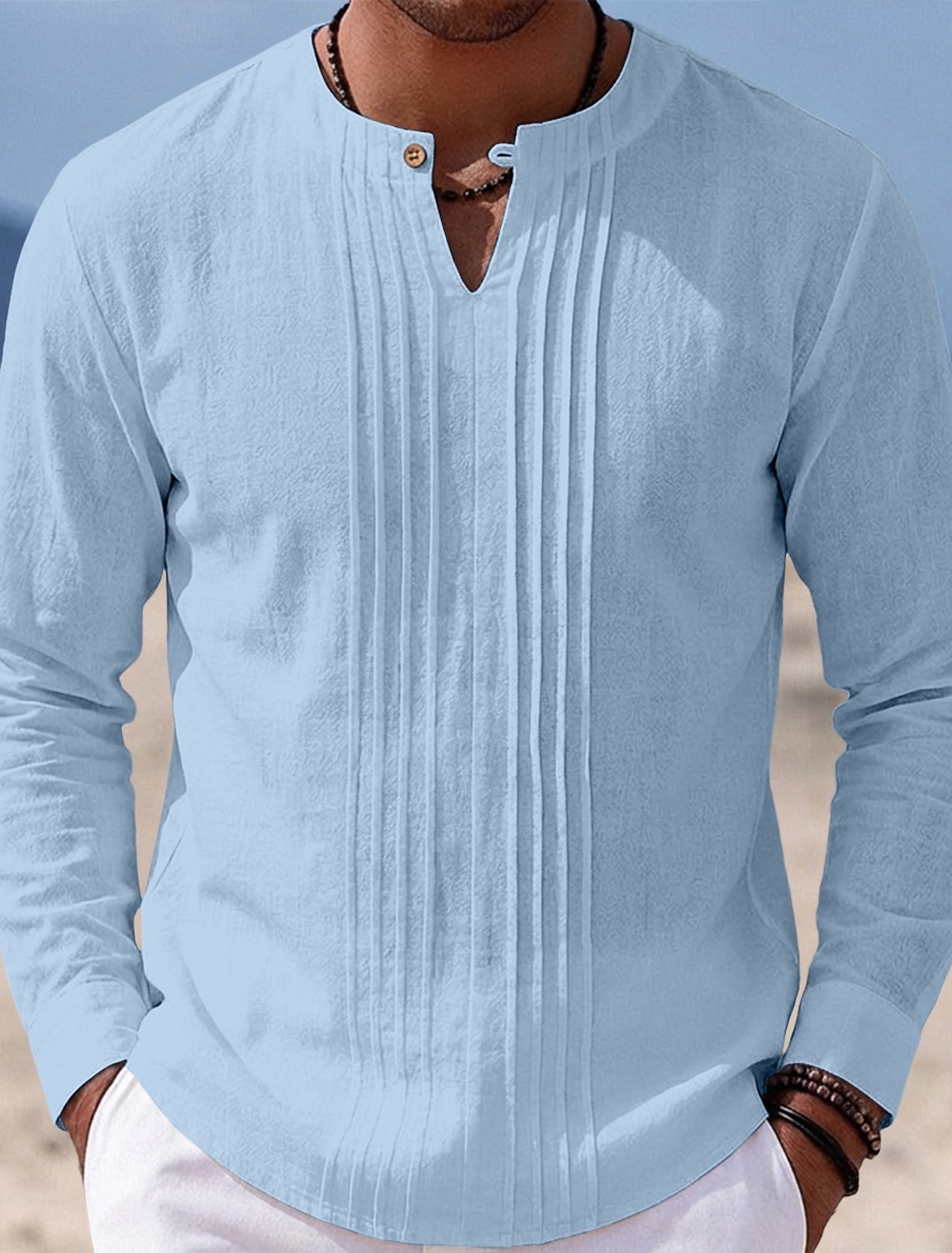Men's Shirt Linen Shirt Summer Shirt Beach Shirt Solid Color Casual Vacation Blue Black White Khaki Long Sleeve Mandarin Collar Summer Spring Clothing Apparel Ruched
