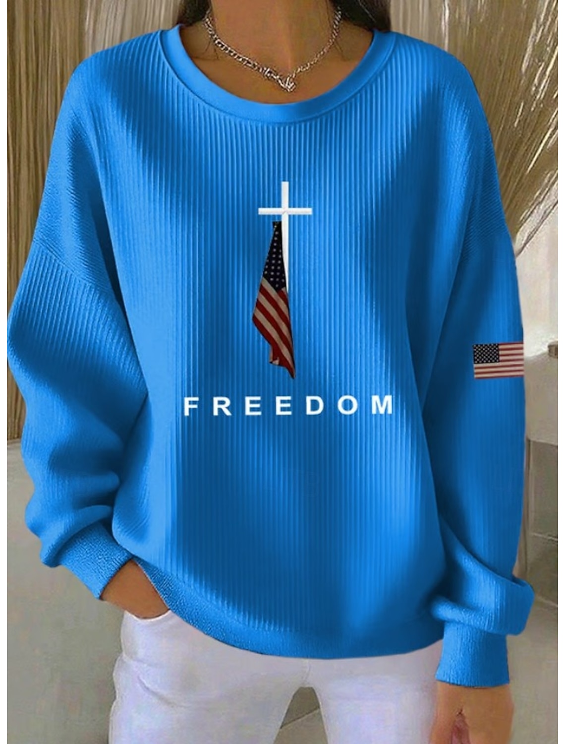 Independence Day Patriotic Women's Zip Up Sweatshirts Geometric Striped Active Fashion Casual Long Sleeve Crew Neck Regular Tops Street Dailywear Zipper Print White Spring Fall Winter