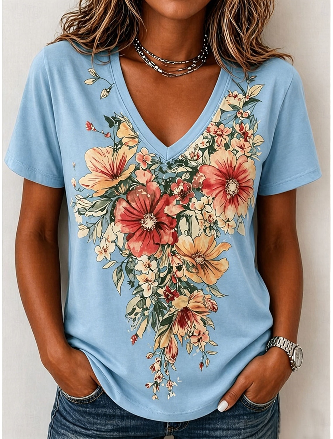 Women's T Shirt Print Floral Graphic Stylish Classic Casual Short Sleeve V Neck Regular Tops Casual Daily Blue Pink Purple Green Beige Summer Spring